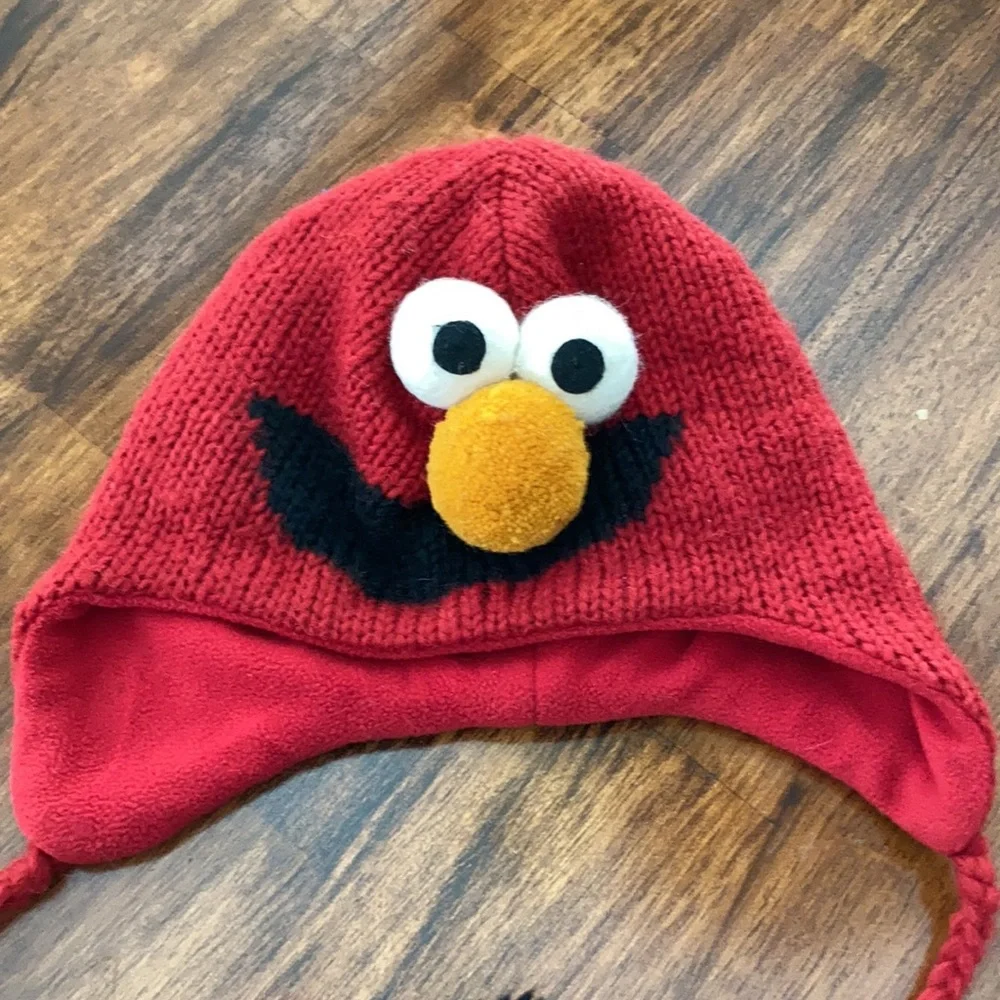 Handmade Elmo Character Kids’ Beanie Winter Hat Poms Hand Crafted RARE EUC